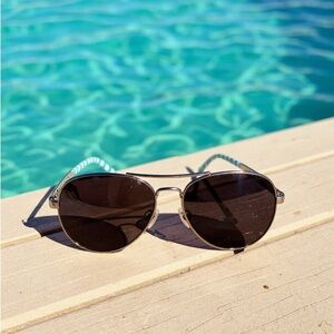 Kate Spade Gold Aviator Sunglasses with Blue Striped Arms – Brown Lenses